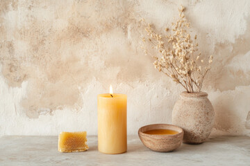 Beeswax candle and honeycomb with vase