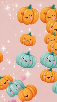 Animated Pumpkins with Cute Faces Floating on Pink Background with Sparkles Video, animasi video, wallpapper phone