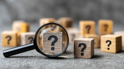 Premium photo of identifying and understanding issues through root cause analysis using a magnifying glass on wooden cubes with question marks on a grey background.