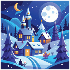 Enchanting Winter Village Under a Full Moon Keywords: winter, village, snow, moon, night