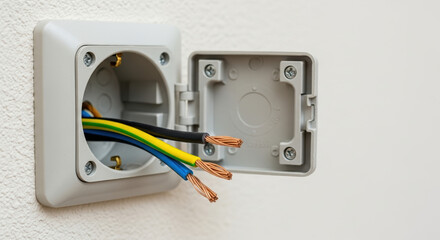 Electrical wiring shows three bare wires inside junction box, open electrics are visible. Electrical wiring is a potentially dangerous hazard, revealing exposed cables.