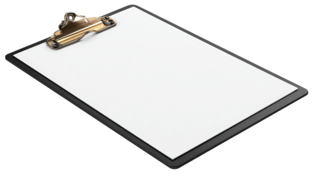 Clipboard with Blank White Paper on a Transparent Background for Presentations and Notes