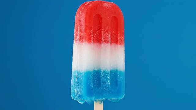Red White Blue Popsicle Summer Treat - Close-up of a red, white, and blue popsicle melting slightly against a vibrant blue background. Perfect for summer, holidays, or refreshment themes.