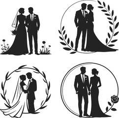 Wedding couple silhouette, bride and groom artwork, romantic marriage design, floral wreath decoration, love illustration vector, cad drawing flat vector illustration