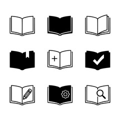 Set of Open Book Icons with Various Symbols in Outline and Solid Styles