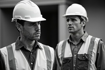 Photo Series: Construction Worker in Hard Hat and Vest Shows Upset Expression, Foreman Watches with Concern