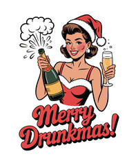 Woman in Santa hat popping champagne bottle and holding glass