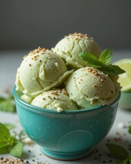 Refreshing Lime Ice Cream Scoops in a Teal Bowl with Mint
