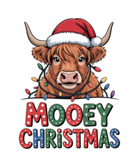 Highland cow wearing Santa hat tangled with Christmas lights