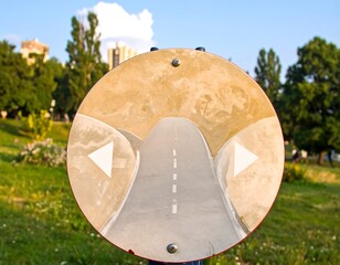 Round sign depicts a tunnel road; light beige/tan background,  gray road,  park background