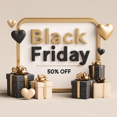 Black Friday sale banner with text 50% OFF, gold design, light background, minimalist style, 3D rendered illustration
