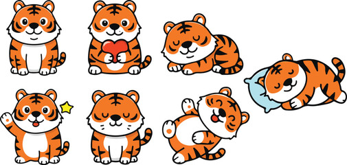 Obraz premium vector illustration of tiger funny cute cartoon mascot character cartoon with 7 poses 02