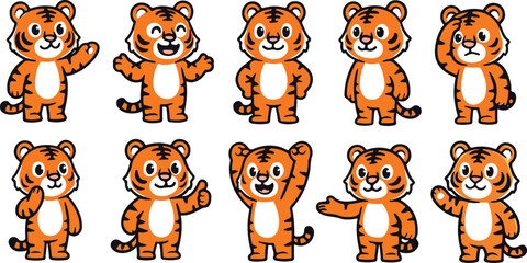 vector illustration of tiger funny cute cartoon mascot character cartoon with 10 poses © weng