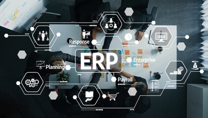 Collaborative Office Meeting Focused on ERP Solutions with Diverse Team Engaging in Planning, Enterprise Development, and Payroll Strategies for Business Efficiency. Amity