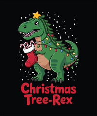 Green cartoon T- Rex dressed as Christmas tree with stocking