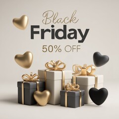 Black Friday sale banner with text 50% OFF, gold design, light background, minimalist style, 3D rendered illustration
