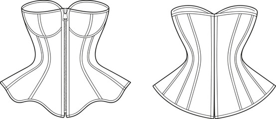 Corset top fashion design, lingerie garment, women clothing pattern, sewing template, stylish bustier illustration, CAD drawing flat vector illustration