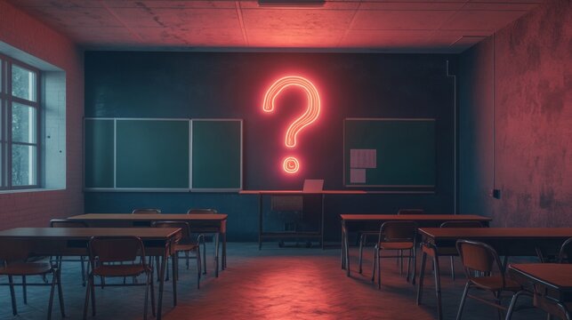 Empty classroom with a glowing question mark illuminating a desk and blackboards during late afternoon