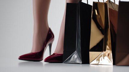 female legs in elegant deep red glossy high heels standing next to black and golden glossy shopping bags