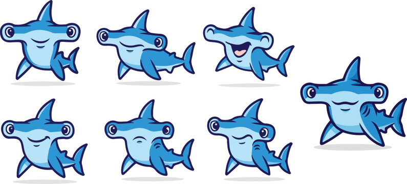 vector illustration of hammer martil shark funny cute cartoon mascot character cartoon with 7 poses