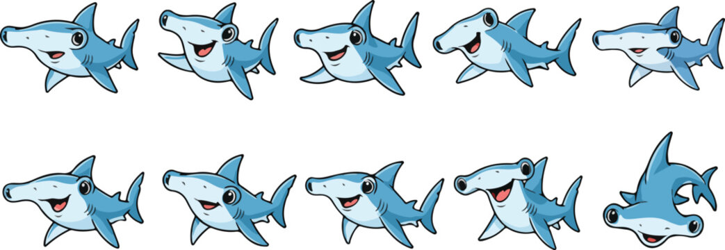vector illustration of hammer martil shark funny cute cartoon mascot character cartoon with 10 poses