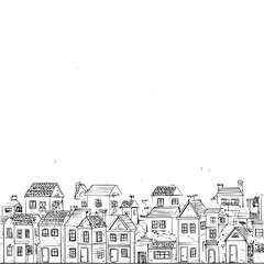 Naklejka premium Illustration of a row of houses with varying architectural styles and window designs in black and white line art