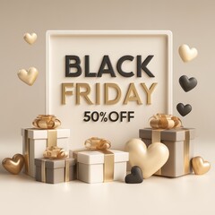 Black Friday sale banner with text 50% OFF, gold design, light background, minimalist style, 3D rendered illustration