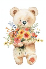 cute teddy bear holding a large bouquet of wildflowers, watercolor illustration, soft brush strokes