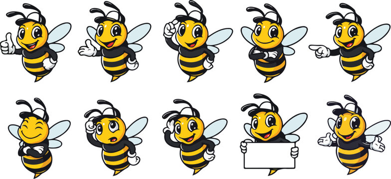 vector illustration of hornet bee funny cute cartoon mascot character cartoon with 10 poses 