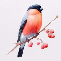 watercolour amazingly adorable cartoon drawn illustration of festive winter scene of Eurasian bullfinch sitting on a rowan branch 