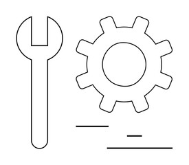 Gear and wrench outline design symbolizing tools, system, and workflow. Ideal for maintenance, repair, engineering, teamwork, strategy, technology simple landing page
