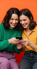 Fototapeta premium Two young women laugh, looking at phone together, wearing green and yellow sweaters and pants against orange background, showcasing joy and connection