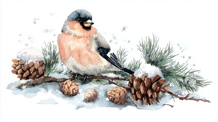 watercolour amazingly adorable cartoon drawn illustration of festive winter scene of Eurasian bullfinch sitting on a pine branch 