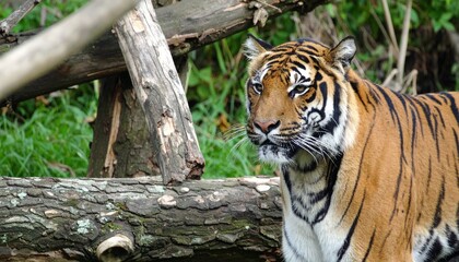 Fototapeta premium Sumatran Tiger in Forest Setting with Logs