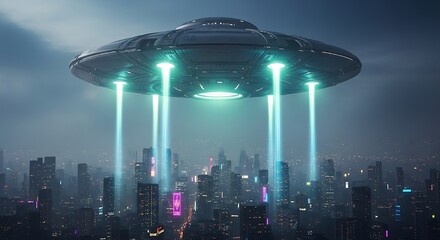 Alien Spaceship Descending Over a Futuristic City at Night Emitting Mysterious Beams of Light