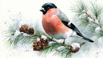 watercolour amazingly adorable cartoon drawn illustration of festive winter scene of Eurasian bullfinch sitting on a pine branch 