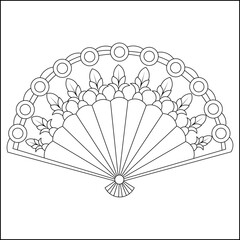 Simple Line Art Vector of a Hand Fan with Floral Pattern