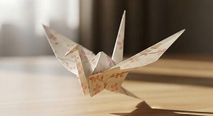 Delicate paper crane adorned with floral pattern symbol of hope and tradition rests gracefully