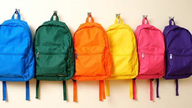 Colorful Backpacks Hanging on Hooks - A row of six brightly colored backpacks hangs neatly on hooks against a light beige wall.