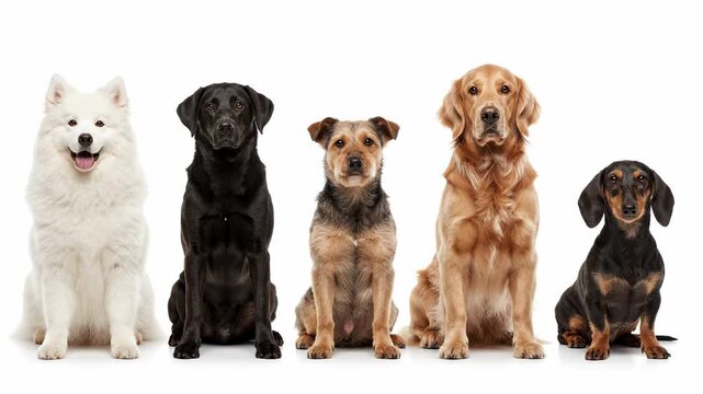 Diverse Dog Breeds Sitting on White - Five different dog breeds sit in a row against a clean white background.