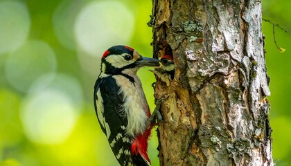 Woodpecker feeding chick in tree