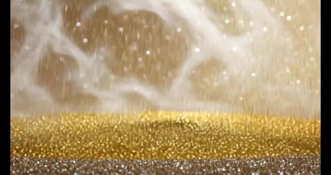 Soft focus golden bokeh background with a shimmering glitter texture in the foreground creating a magical and luxurious atmosphere