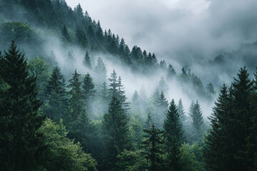 Misty mountain forest scene with tall evergreen trees shrouded in fog a tranquil nature landscape