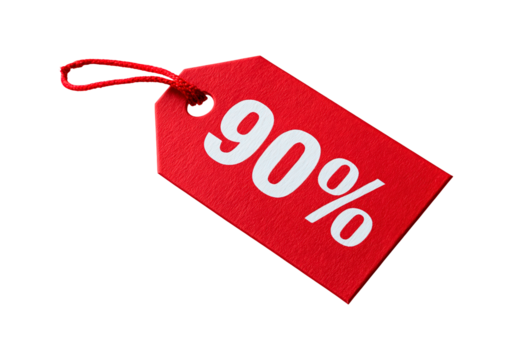 Red tag with 90% discount symbol on transparent background, PNG