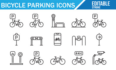 Bicycle storage and commuting icons set in modern outline vector style