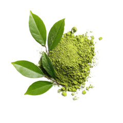 A green leaf is on top of a green powder