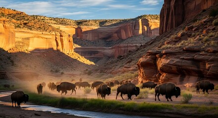Bison Herd Roaming Through a Sunlit Canyon.