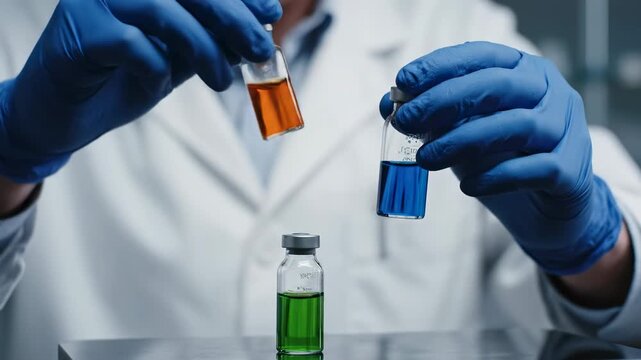 Scientist Comparing Chemical Solutions in Vials - Close-up of a scientist's hands in blue gloves carefully examining and comparing two vials containing different colored chemical solutions.