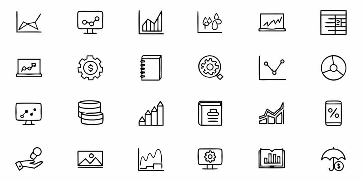 Collection of business and data analysis icons featuring graphs charts and financial elements in line art style