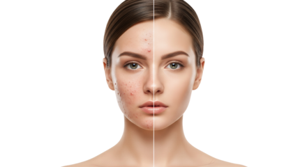 Woman's Face Before and After Skin Treatment, Isolated on a Transparent Background, Illustrating Skincare and Acne Solutions, Perfect for Medical Presentations